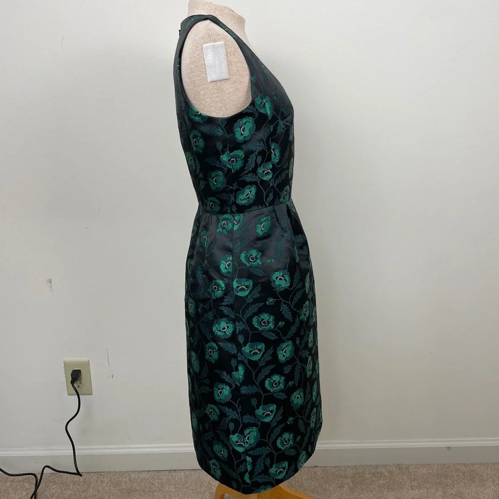 J‎ Crew Dress Floral Jacquard Sleeveless V Neck Black Green Size 2